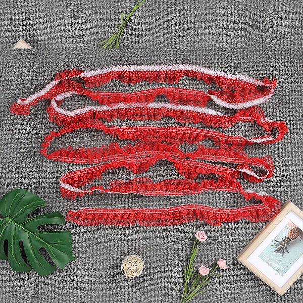 Röd 45 mm veckad trim mesh spetsband med tryckta prickar och paljetter broderi - 5 yards, DIY hantverk