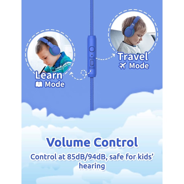 Børnehovedtelefoner med 85db/94db lydstyrkebegrænsende Inline Hd Mic Audio Release Foldbare Børnehovedtelefoner Justerbare Over-ear Toddler-hovedtelefoner Blå