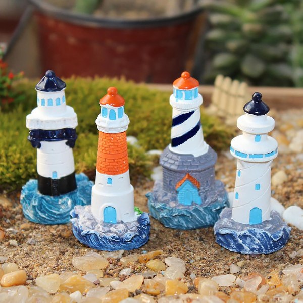 Realistiske former Diylighthouse Mini Resin Micro Landskap Fyr Statue Hagedekorasjon -4pieces