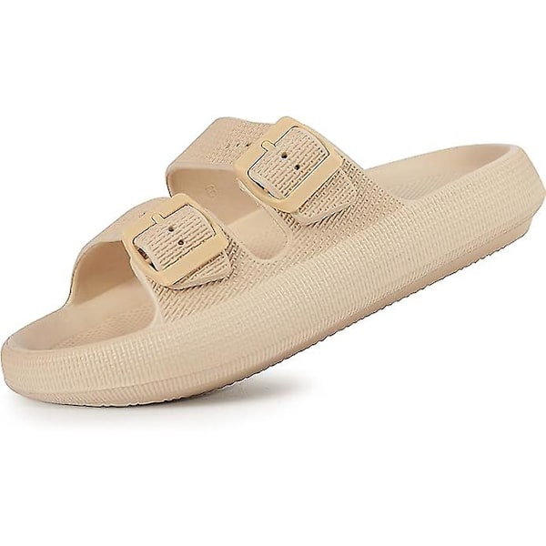 Sandaler for kvinner og menn - Pillow tøfler - Dobbel spenne justerbare slides - Eva flate sandaler khaki 39-40