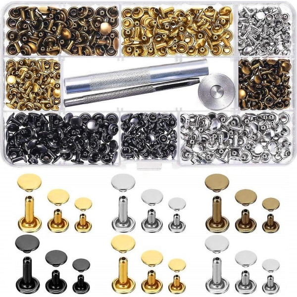 Double Cap Rivet, 300 Pieces Leather Rivets With 3 Fastening Tools Double Head Rivets For Diy Leather Craft Belt Wallet Decoration 3 Size Gold, Silver