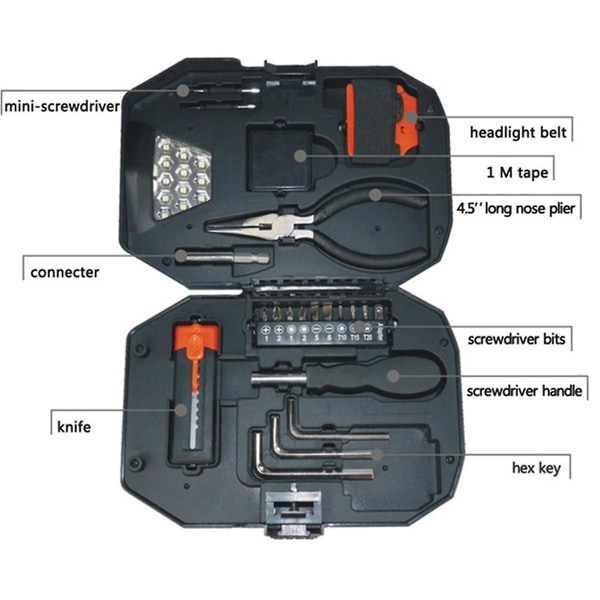 Værktøjskombinationssæt, med belysningsværktøjssæt inklusive skruetrækkersæt, skraldenøgle, hylster og