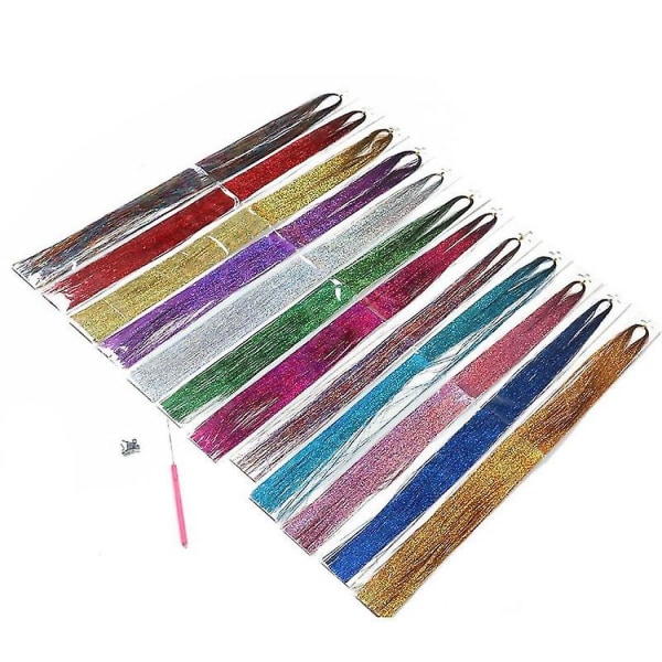 Hair Tinsel Strands With Tools 12 Colors Hair Tinsel Strands Kit, Hårförlängningar Glitter Shiny Sil