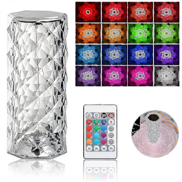 Kristalldiamant Bordlampa, 16 Färger USB Laddning Touchlampa Sängbord Nattelampa Med Fjärrkontroll