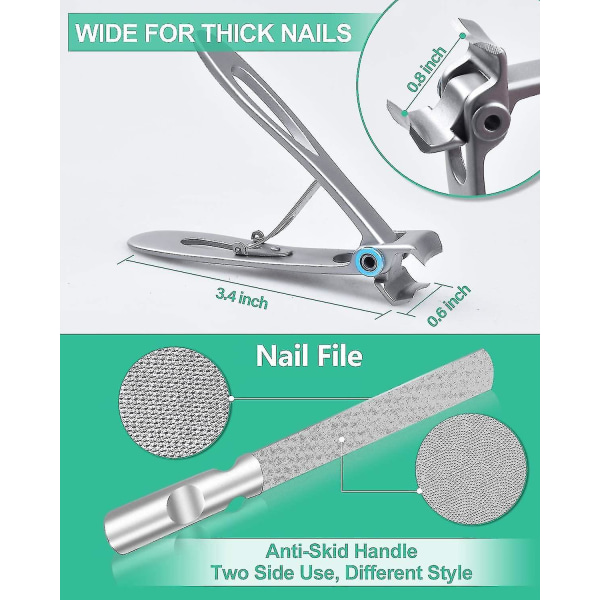 Tånagelklippare för tjocka naglar och inåtväxta naglar för seniorer - Nagelklippare med mjukt grepp i rostfritt stål med nagelfil