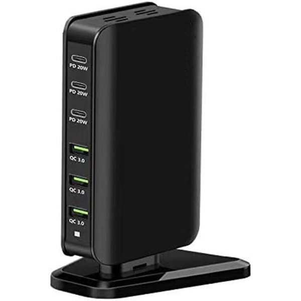 6-porters USB C ladestasjon, multiporter med 3 USB-C + 3 USB-A, bærbar hurtigladerhub for , 14, E