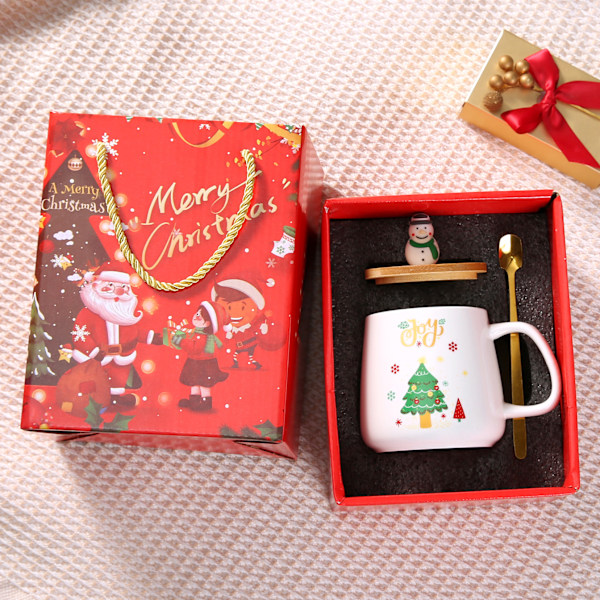 Kreativ Jul Keramikkopp Kaffekopp Med Lock Sked Cartoon Jultomten Present Mugg Presentuppsättning christmas wishing tree gift box 301-400ml