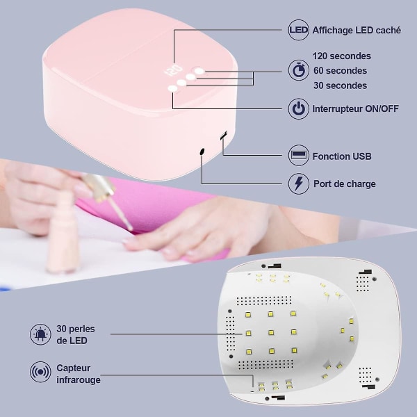 Led-neglelampe uden ledning (Pink), 60W Genopladelig UV-neglelampe uden ledning med USB-port til opladning
