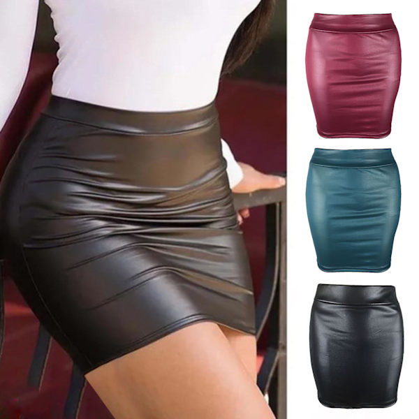 Kvinnors minikjol enfärgad hög midja smal passform stretchig matt konstläder mysig pendlare bodycon kjol streetwear wine red s