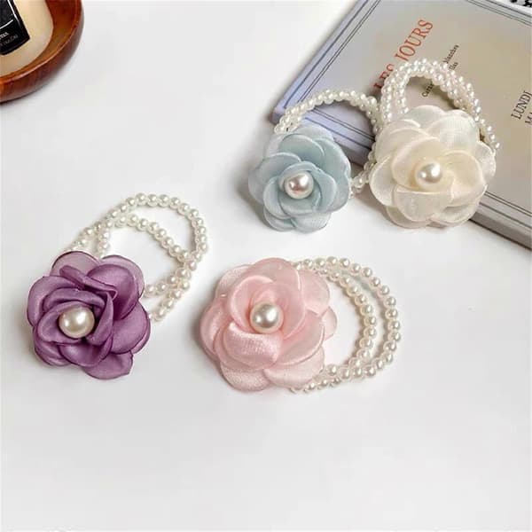 Elastisk perlearmbånd blomsterhårscrunchies til kvinder blomsterhårholder blomsterhårbånd armbånd perlehårbånd sort Black