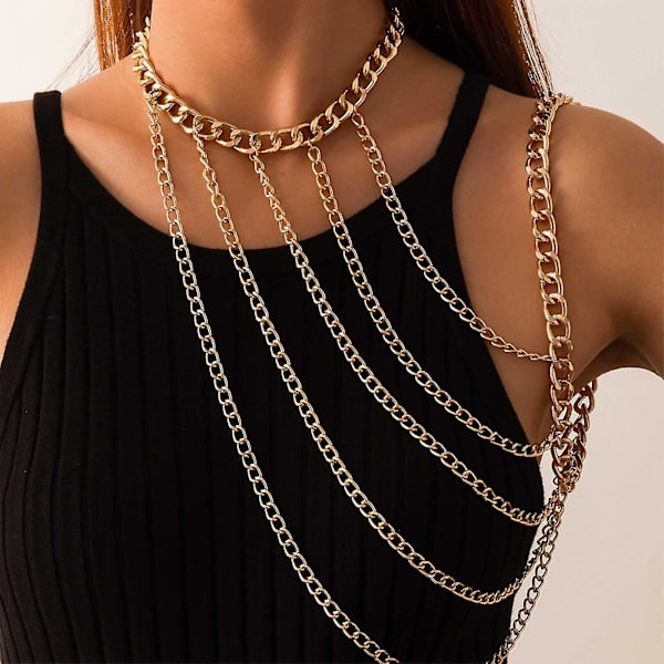 Sexy Sele Harnesseskæde Boho Guld Halskæde Choker Skulderkæde Multi Række Chunky Cuban Armkæde Unik Lagdelt