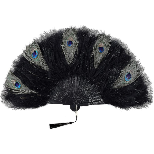 Roaring 20s Vintage Style Folding Håndholdt Klaff Marabou Feather Hand Fan (z-blackpeacock-svart ribbe)