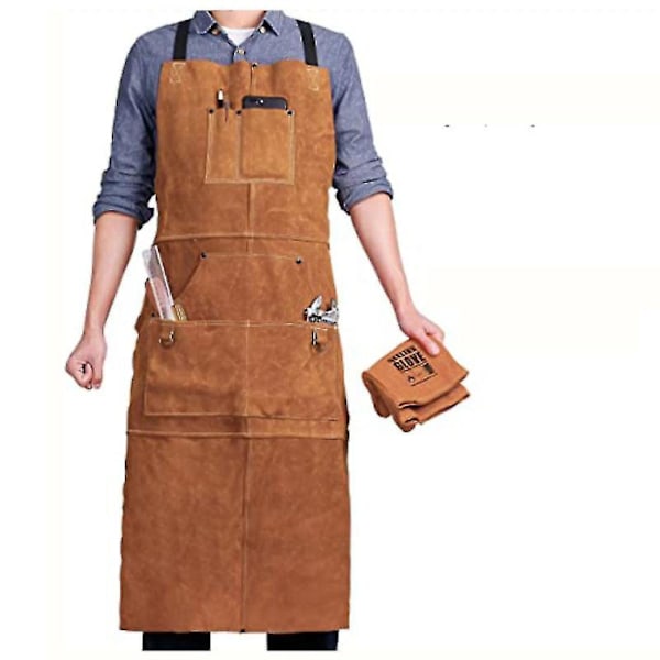 Black Friday Welder Apron With 6 Pockets, Flame Retardant Heat Proof Leather Work Apron, Men's Carpenter Apron Adjustable From M To Xxxl, Perfect Comp