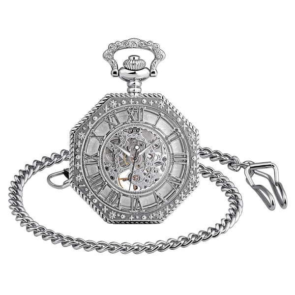 Watch för män Hexagon Analog manuellt upprullad mekanisk watch med halsband Tröjakedja, silver