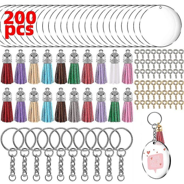200 st Acrylic Keychain Maker Kit Klar akryl Nyckelring Tomma och färgade tofsetiketter
