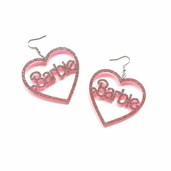 Kawaii Barbie Spring Print Letter Heart Hollow Acrylic Pink Glitter Earrings Accessories Jewelry Fashion Versatile Girls Gift