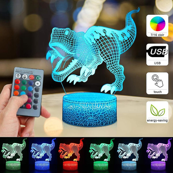 Dinosaur 3D Illusionslampe For Gutter Dinosaur Lampe 16 Farger Med Fjernkontroll Smart Berøringsnattlys Beste Gave