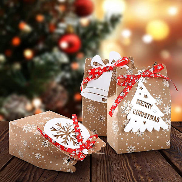 24-pakke Juleposer Julerisposer Gaveposer i Kraftpapir med Etiketter for Julefestforsyninger