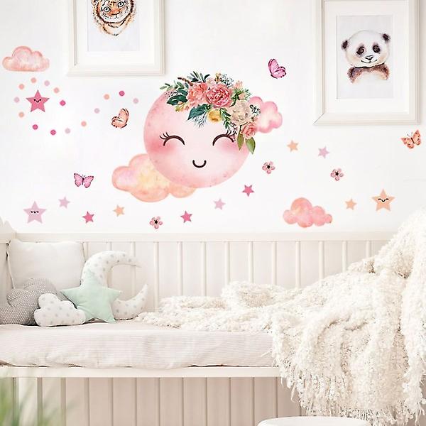 Vaaleanpunainen sarjakuva smiley tähdet seinätarra lasten baby koristeet seinämaalaus makuuhuoneen taustakuva
