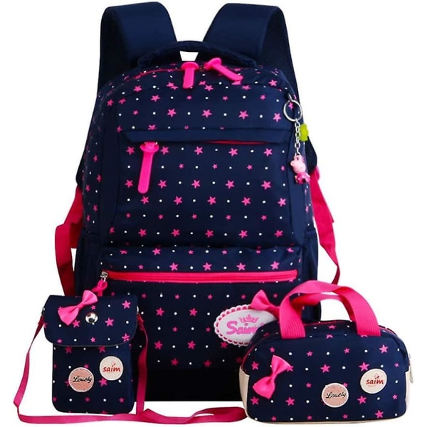 Børnerygsæk 3 stykker sæt Nylon skoletaske med stjerner og søde vedhæng