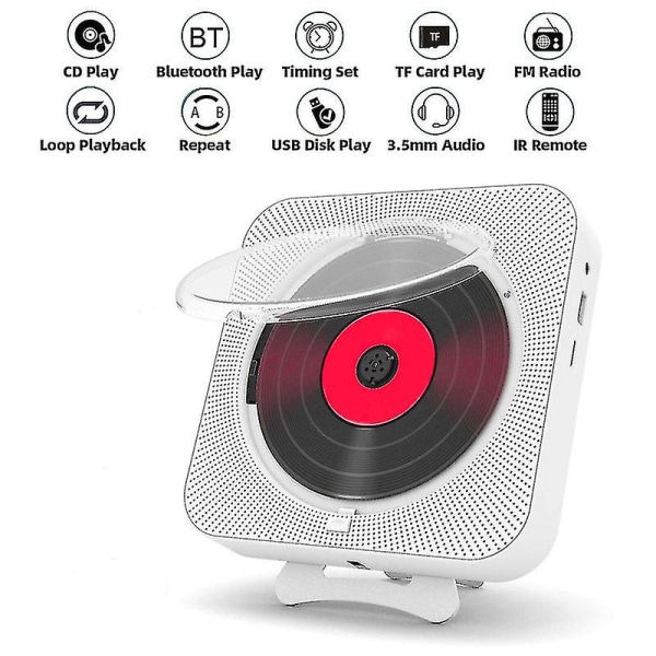 Bærbar Cd-spiller Bluetooth-høyttaler Stereo Led-skjerm Veggmonterbar musikk med Ir-fjernkontroll FM-radio