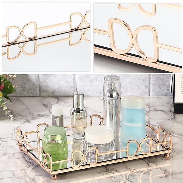 Rektangulär Gyllene Spegelbricka Parfym Smycken Display Kommod Vanity Serveringsbricka Makeup Organizer För Badrum Sovrum Dekoration