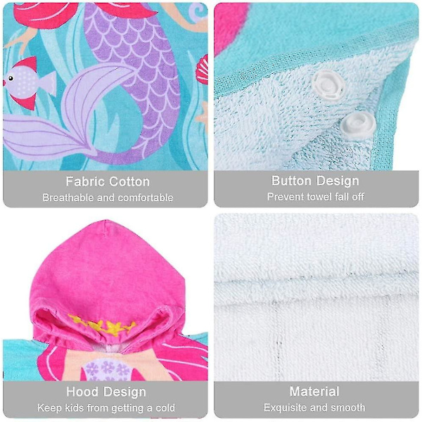 Flickor Barn Huva Sjöjungfru Badhandduk, 100% Bomull Snabbtorkande Absorberande Mjuk Strandhandduk, Blå Lila Rosa 23 X 24 Tum