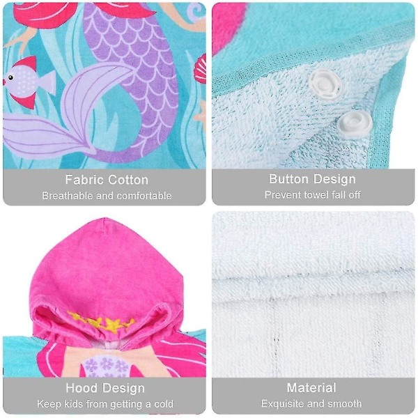 Jenter Badehåndkle for barn med hette Havfrue, 100 % bomull Hurtigtørkende Absorberende mykt badehåndkle, blå Lilla Rosa 23 X 24 tommer