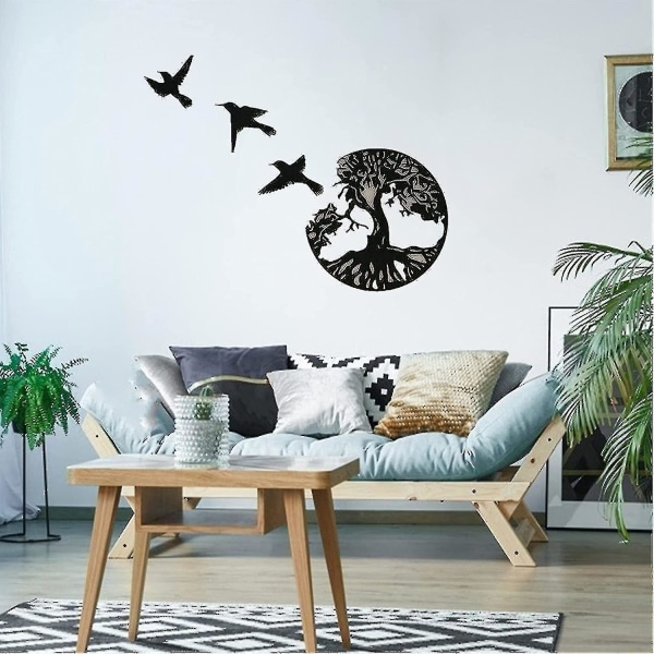 Sort Metal Tree Of Life Vægkunst - 3 Flying Birds Vægskulptur - Moderne rund vægdekor