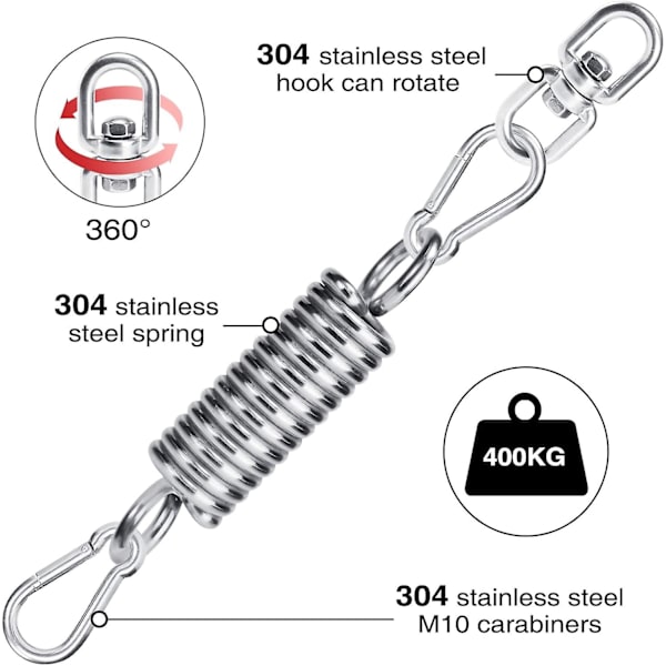 3-pack hängmattafjäderkrok och 1 ring 360° roterande, 304 rostfritt stål fjäder för hängstol, O
