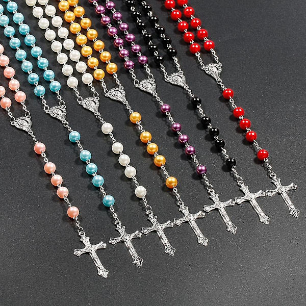 Religiøs halskæde - 8mm rosenkransperler bønnekæde halskæde - gave til mænd og kvinder gray