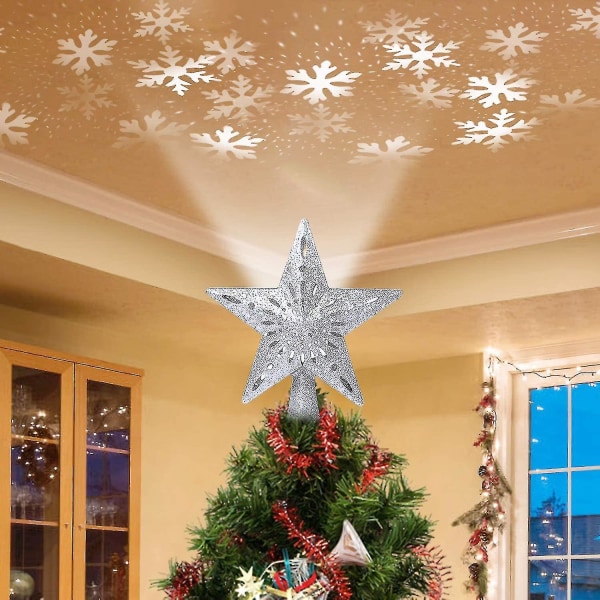 Star Tree Topper Decorations - Glitrende Gull Hul Tre Topper, Roterende 3d projektor Lampe Design Lys White Snowflake For Tre