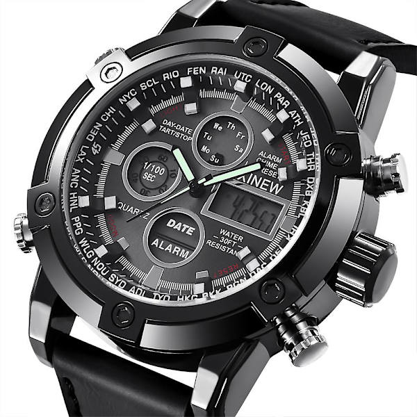 Luksus Dual Movt Herre Læder Quarz Analog Digital Led Sport Armbåndsur