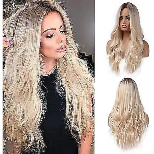 26 tum lång blond peruk för kvinnor syntetiskt naturligt hår ombre blond peruk med mörka rötter syntetisk