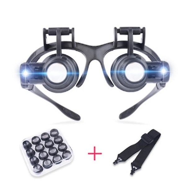 Iført doble briller Led-lys Smykkeklokkereparasjon Høyt forstørrelsesglass med 16 linser