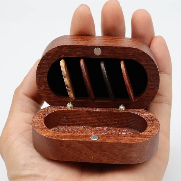 Gitarrplektrums hållare set med 4 träplektrum, naturlig minnessak trä gitarrplektrum displayfodral, mini gitarr