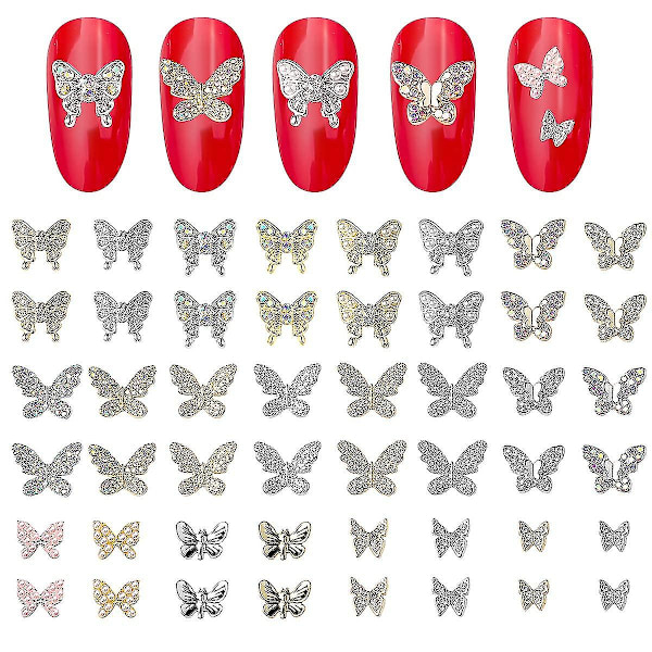 48 st 3D fjärilsnagelsmycken kristaller diamanter nagelstenar fjärilsrhinestones för nageldekor silverguld 3D fjärilsnageljuveler för kvinnor flicka