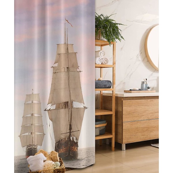 Ocean Stall Duschdraperi, Segelbåt Gaff Topp Segel Höga Trä Segling Fartyg Vågor Tryck Foto, Tyg Badrumsdekor Set Med Krokar, 36\" B X 72\" L, C