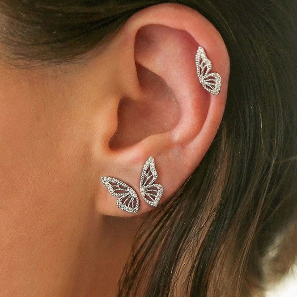 Butterfly Wing örhängen (ett par) 18k guldpläterade simulerade diamant silver örhängen, små fjärils brosk örhängen kompatibla kvinnor