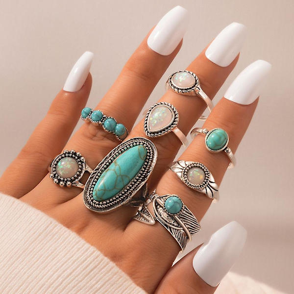 Vintage Boho Blå Sten Turkos Ringar Etniska Stilar Finger Ring Set Smycken