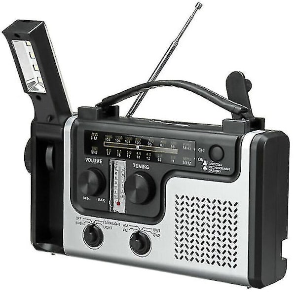 Monitoiminen aurinkoenergialla toimiva käsikäyttöinen AM/FM/SW-hätäradio LED-taskulampulla