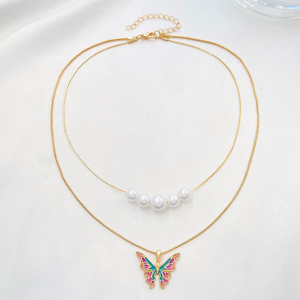 Utterfly anheng halskjede dobbelt lag perle choker statement kragebeinkjede