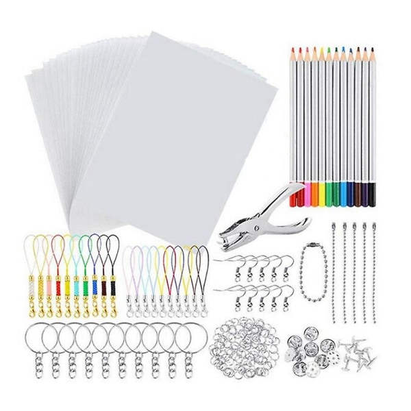 198 stk Shrinky Art Paper Heat Shrink Sheet Plastic Kit Hole Punch Nøgleringe Blyanter Gør det selv Tegning Ar