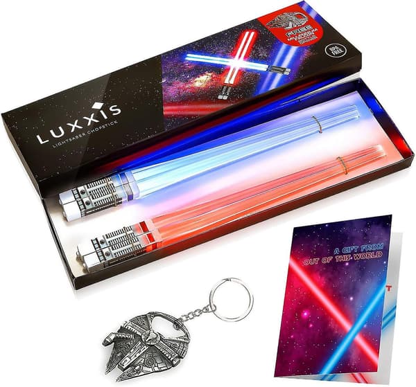 Lysende Lys-Sværd Spisepinde med LED-Lys Multifunktionel til Star Wars Temafest Sjov Gave Sæt [2 Par - Rød og Blå Sæt]