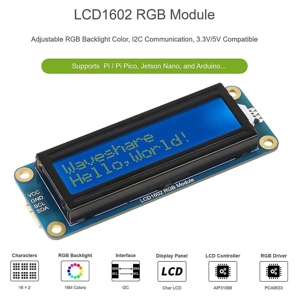 1602 Lcd-skärm Rgb-modul 16x2 tecken 16m Färger Rgb-bakgrundsbelysning Lcd-modul för /pi Pico