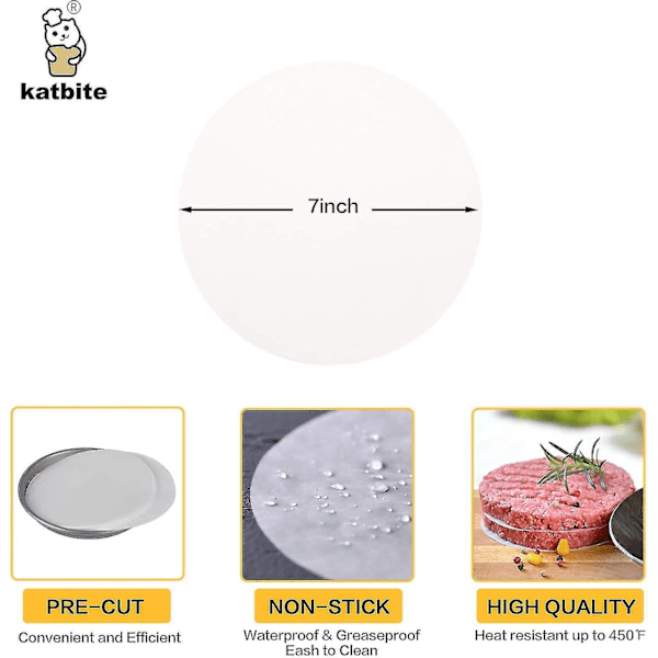 Katbite 7 tum rund bakplåtspapper, 200 st bakplåtspapper, extra starkt och non-stick för kakbakning, airfryer-foder, hamburgerpapper