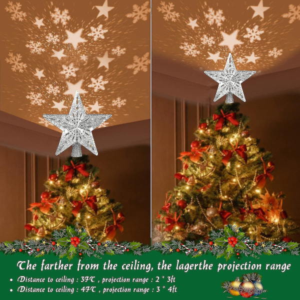 Joulukuusitähti, 4m USB Christmas Star valaistu LED Snowflake-projektorilampulla, 2 in 1 pyörivä joulukuusentähti, yhteensopiva joulukoristeet