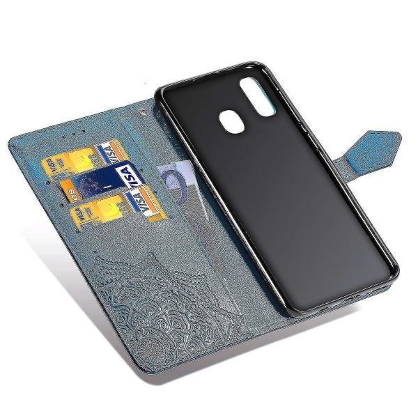 Samsung Galaxy A30/a20 veske Lær lommebokdeksel Emboss Mandala Magnetic Flip Protection Støtsikker - Blå