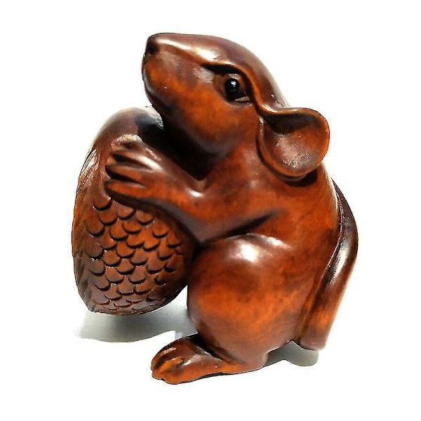 Cq021 - 2\" Käsin Veistetty Puksipuinen Netsuke-Veistos: Hiiri Ja Kala