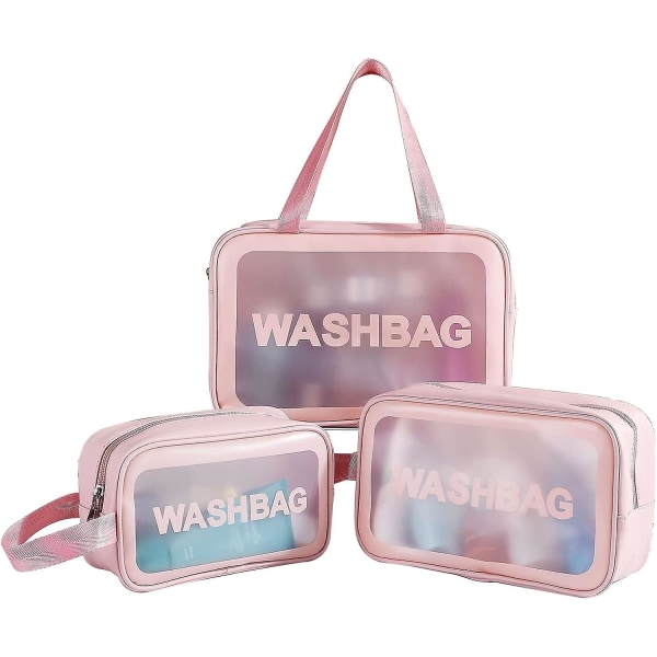 (Pink) 3-delt gennemsigtig makeuptaske, vandtæt toilettaske til swimmingpool, bad, rejse, plan